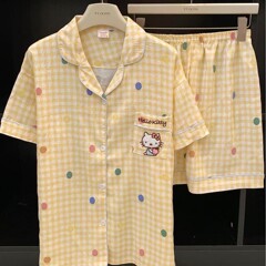 波点HelloKitty猫睡衣女夏季格子短袖短裤两件套学生宿舍家居服