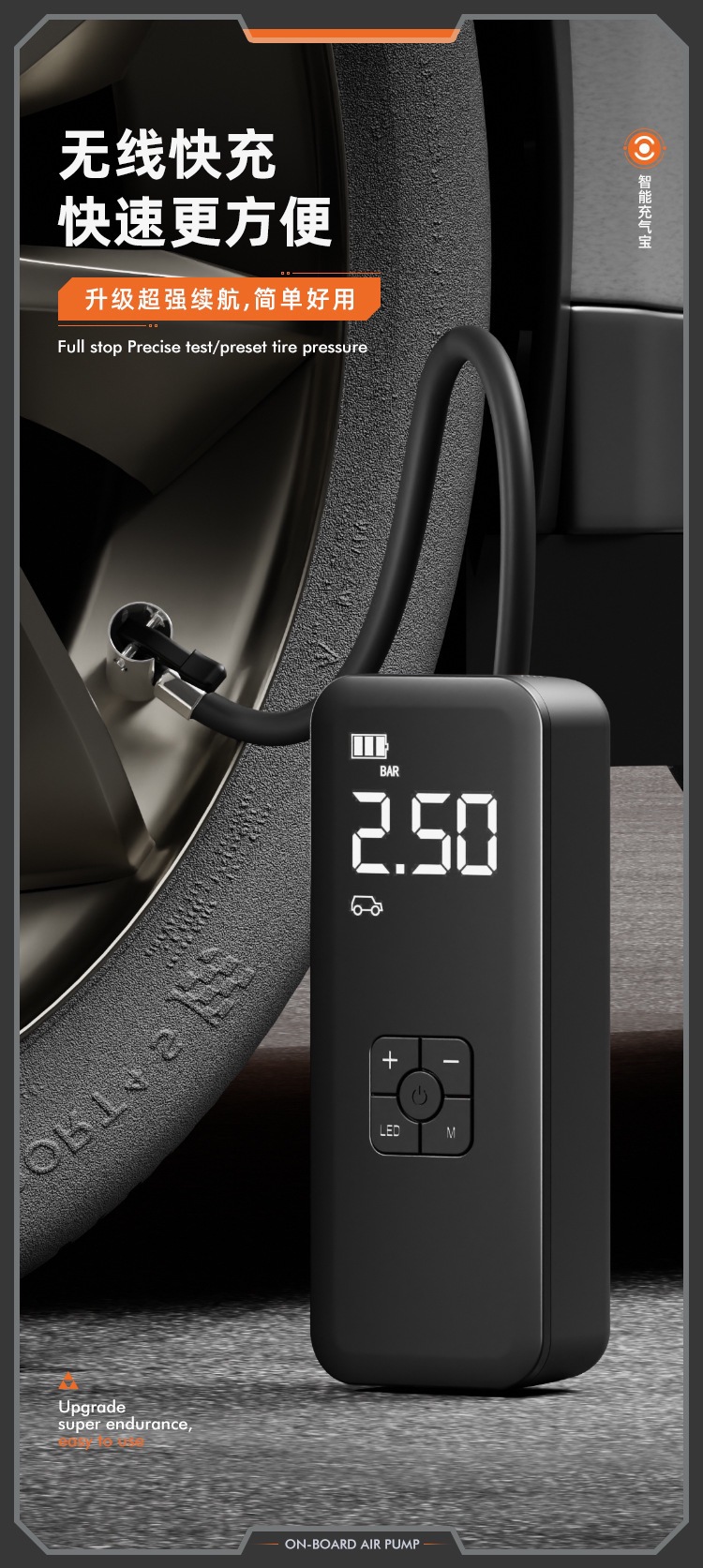 Car Wireless Air Pump, Car Air Pump, Electric Tire High-Pressure Quick-Start Air Pump, All-In-One Electric Pump
