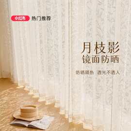 奶油色镜面纱窗帘透光不透人白色纱帘防晒隔热遮阳窗纱帘阳台客厅