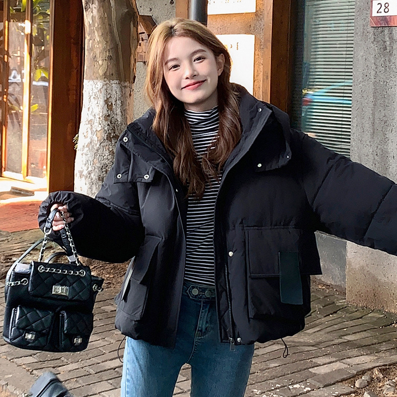 Ropa de algodón de mujer corta con capuzas gruesa ropa de pan de algodón coreano todo-completo suelto de bolsillo de mujer estereoscópico chaqueta de algodón caliente