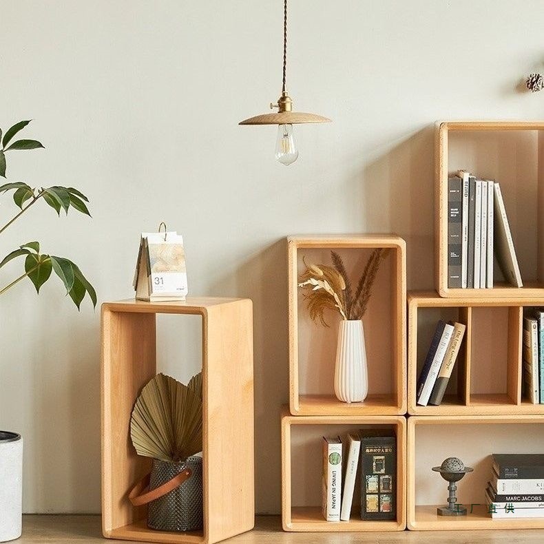 Beech Wood Combination Bookcase Bedside Table Solid Wood Bookshelf Single Bookcase Living Room Simple Plaid Decorative Grids Can Be Customized