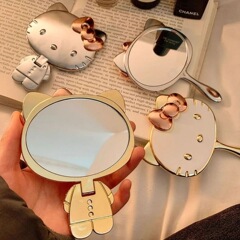 小さなミラー KITTY かわいいポータブルハンドルポータブルミラーインターネットセレブプリンセスミラーハンドヘルド折りたたみ式パンチフリー学生