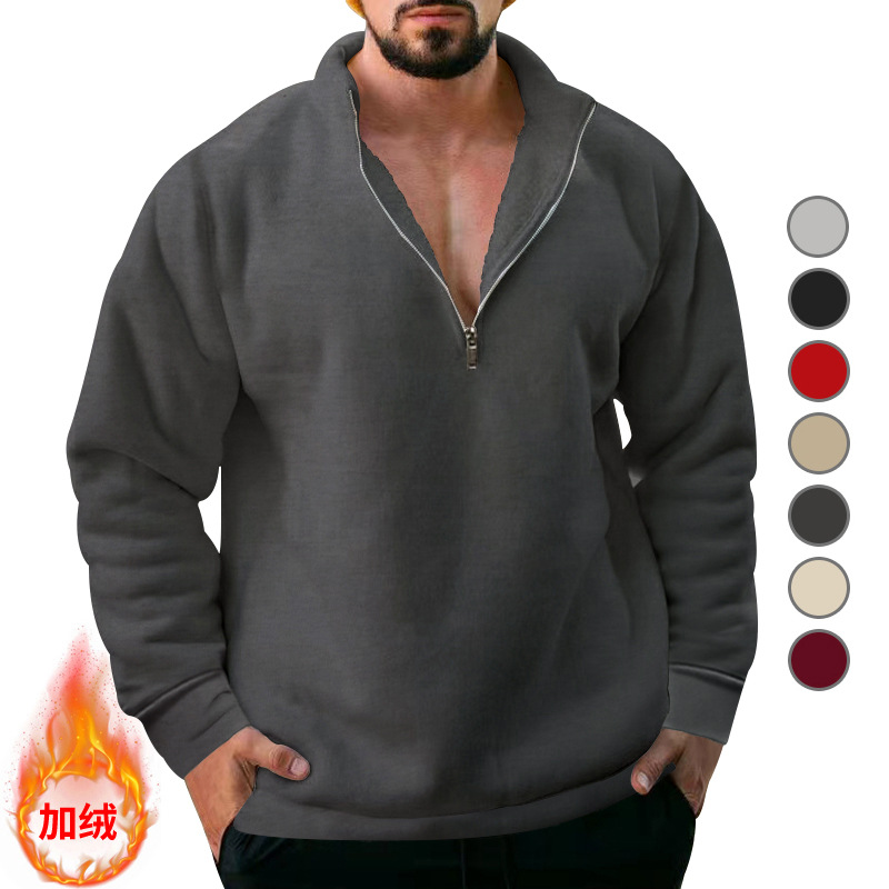 Sudadera de terciopelo para hombre, estilo informal, holgada, con cuello alto, media cremallera, color sólido, para otoño e invierno, de Amazon, transfronteriza.