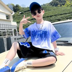 24 Summer Boys Trendy Cool Loose Casual Gradient Color Letter Short Sleeve Five-Finger Mid-Calf Shorts Casual Sports Set
