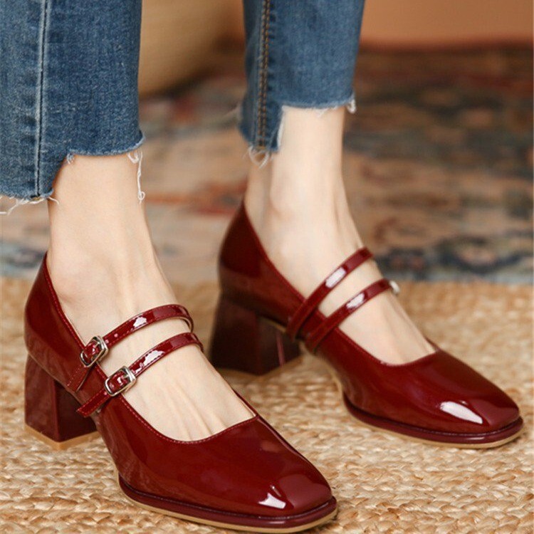 Vintage wine red Mary Jane Shoes Women's Design Sense Niche Square Toe Shallow Mouth French Chunky Heel High Heels Women's Spring and Summer