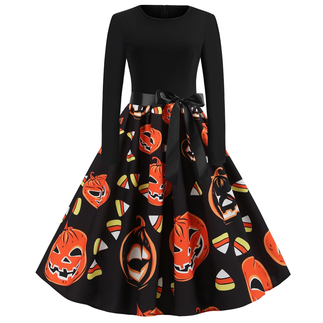 women s round neck long sleeve contrast stitching printed dress nihaostyles wholesale halloween costumes NSSAP78822