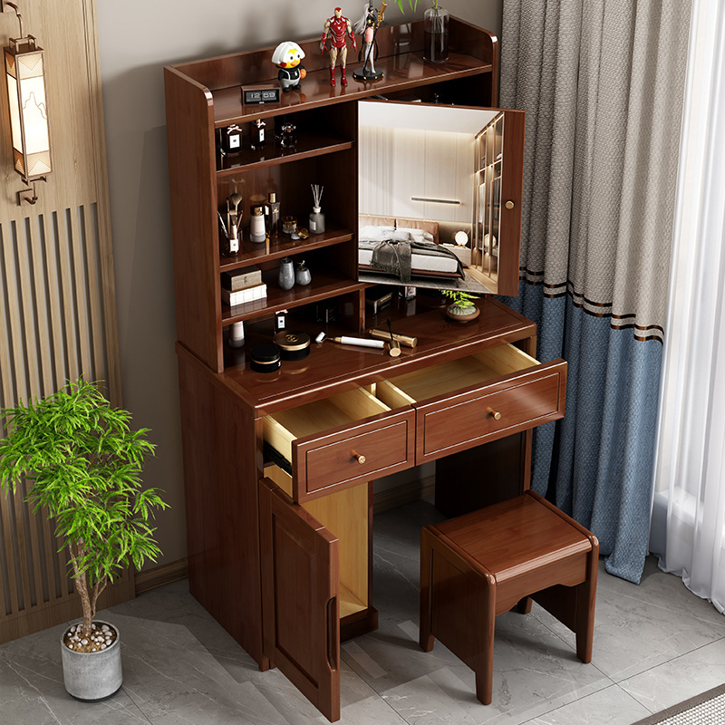 Tocador de madera maciza de estilo chino, tocador pequeño moderno y sencillo, almacenamiento multifuncional con almacenamiento oculto para espejo de maquillaje