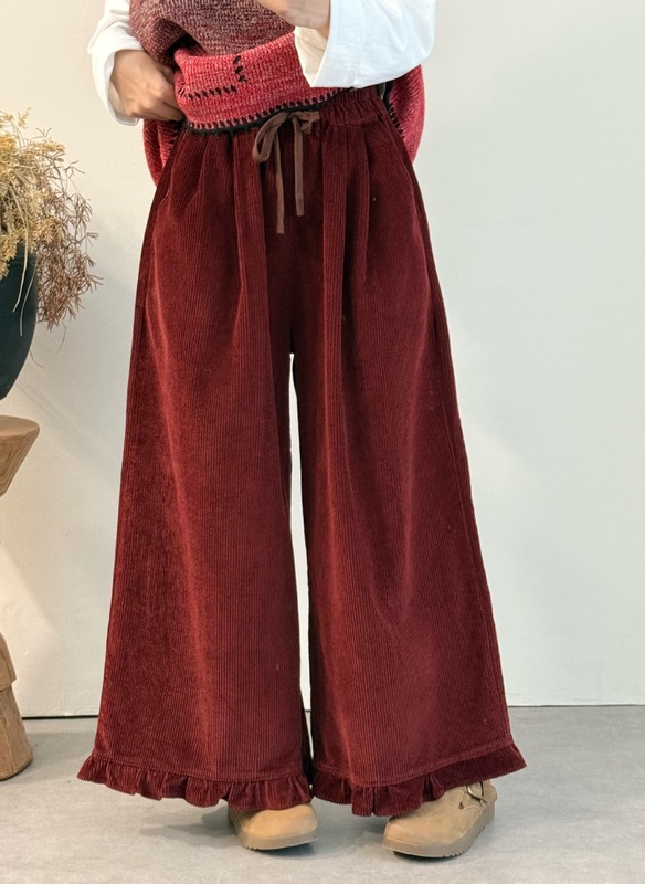 新品纯色文艺显瘦百搭抽绳松紧腰裤口花边灯芯绒直筒长裤女|undefined