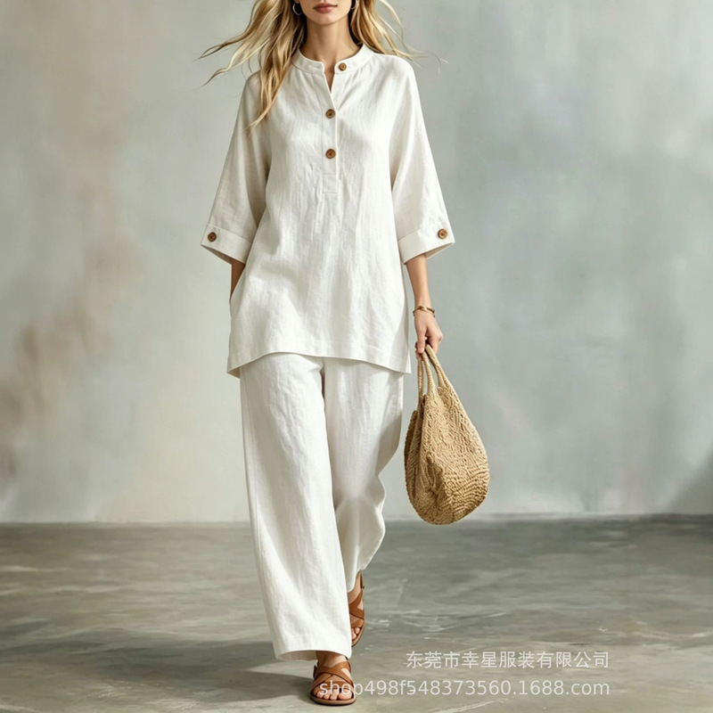 2026 Cross-Border Exclusive Supply of European and American Women's Summer Clothing, Casual Solid Color Vacation Style Buttoned Fashionable and Elegant Long Pants Set