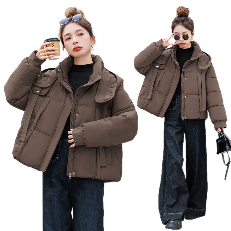 Corea del Sur Dongdamen ropa de algodón de pluma para mujeres corto 2025 invierno nuevo algodón delgado chaqueta con capuz transfronteriza