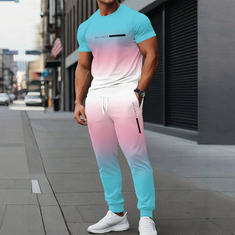 2026 Autumn Balance Gradient Men's Casual Sports Suit Short Sleeve Long Pants Cross-Border Men's Clothing