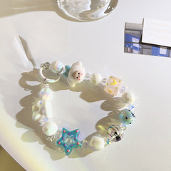 小清新夏日藍色星星蝴蝶手工串珠手腕繩通用手機殼耳機套手機掛繩