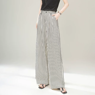 薄款条纹窄版直筒阔腿裤女裤子2026夏季新款时尚高级垂坠感棉长裤