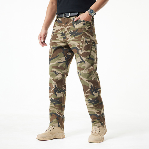 Summer Elastic Tactical Casual Work Pants with Multiple Pockets Straight Leg Trendy Men's Camouflage Casual Pants 2215A