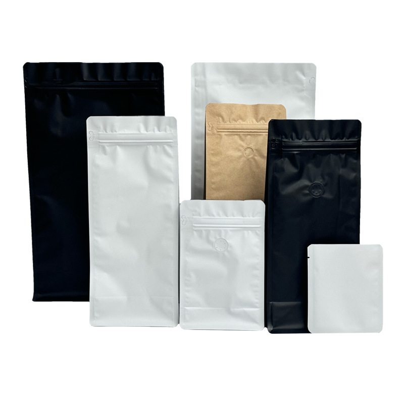 Bolsa de embalaje de granos de café sellada de ocho lados Bolsa de embalaje sellada de papel de aluminio al por mayor Válvula de escape Bolsa con cremallera lateral Bolsa de café personalizada