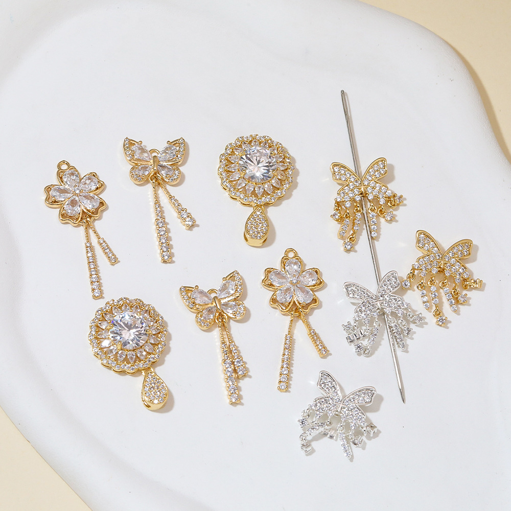 High-End Light Luxury Butterfly Cherry Blossom Tassel Pendant Jewelry DIY Earrings Necklace Beaded Jewelry Pendant Copper Plated Color-Preserving