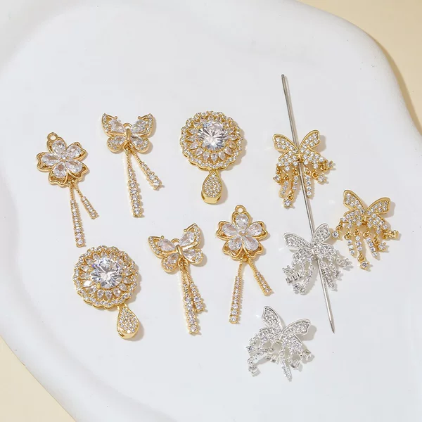 High-End Light Luxury Butterfly Cherry Blossom Tassel Pendant Jewelry DIY Earrings Necklace Beaded Jewelry Pendant Copper Plated Color-Preserving