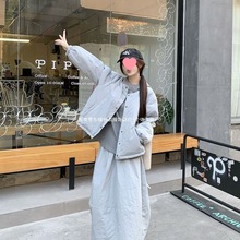 夹棉加厚长袖棉服外套卫衣女2024冬季新款半身长裙韩系时尚套装潮