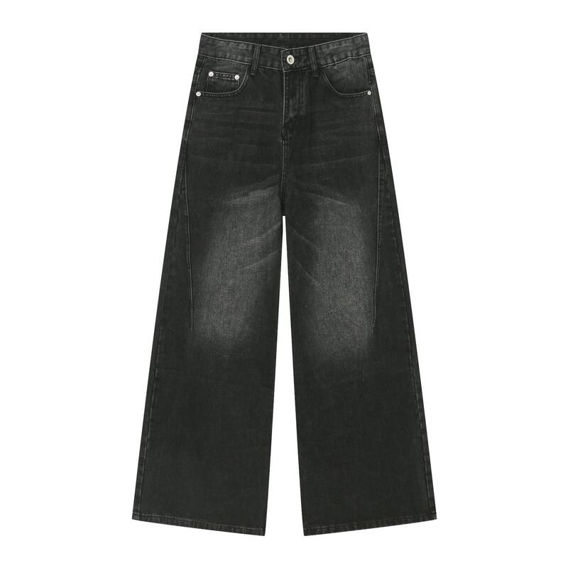 Quần jean nam ống rộng suông thẳng lưng giữa phong cách Hàn Quốc thiết kế retro — Xanh lam làm cũ, màu xanh cũ nhạt, Đen xám