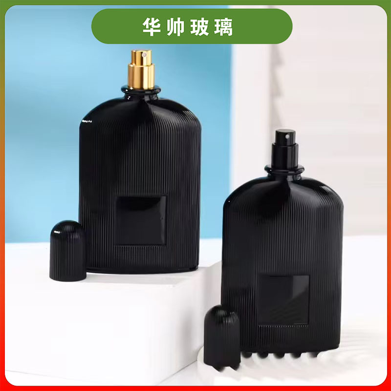 现货男士香水瓶100ml香水瓶黑色透明香水瓶扁方竖条纹黑盖香水瓶
