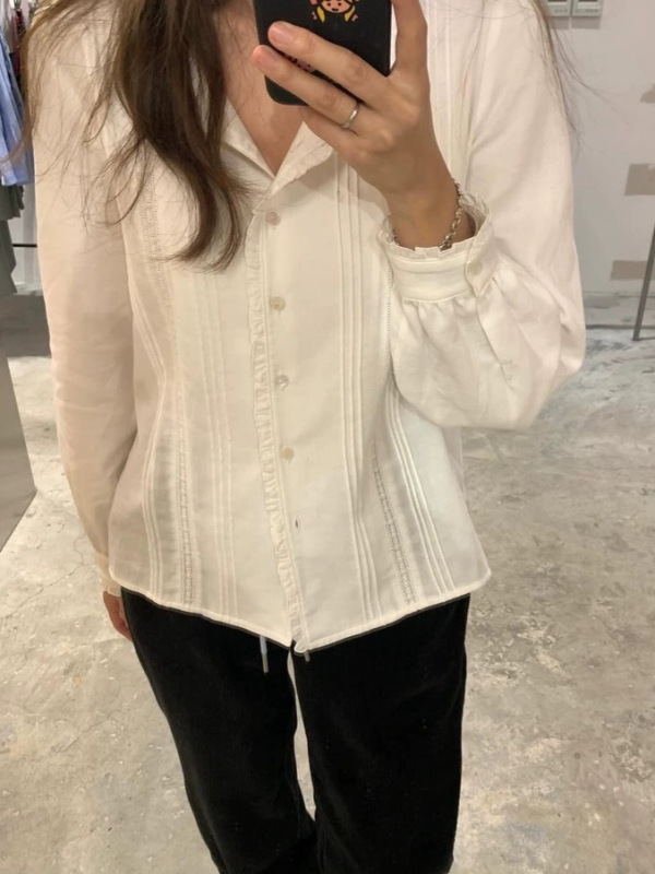 现货2025秋季新韩国东大门tan*at气质纯色花边领单排扣衬衫上衣女|undefined