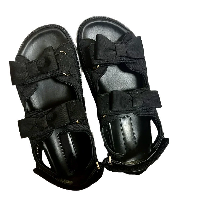 Summer beach universal beach footwear with bow with velcro, sandals, Chanel style, genuine leather