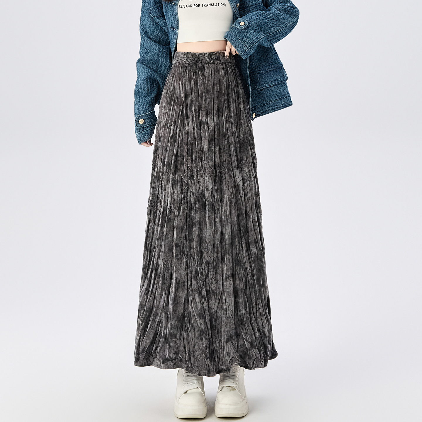 New Chinoiserie Printed Pleated Thickeneded Velvet A-Line Umbrella Skirt Women's Autumn and Winter High-Waisted Slim Long Skirt