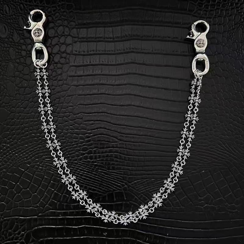 Wulin Cadena cruzada de doble capa Hebilla de clip Cadena de cintura con doble hebilla Cadena para pantalones Cadena personalizada retro europea y americana Bolsa de plata tailandesa Bolsa con cadena Colgante de cadena de plata