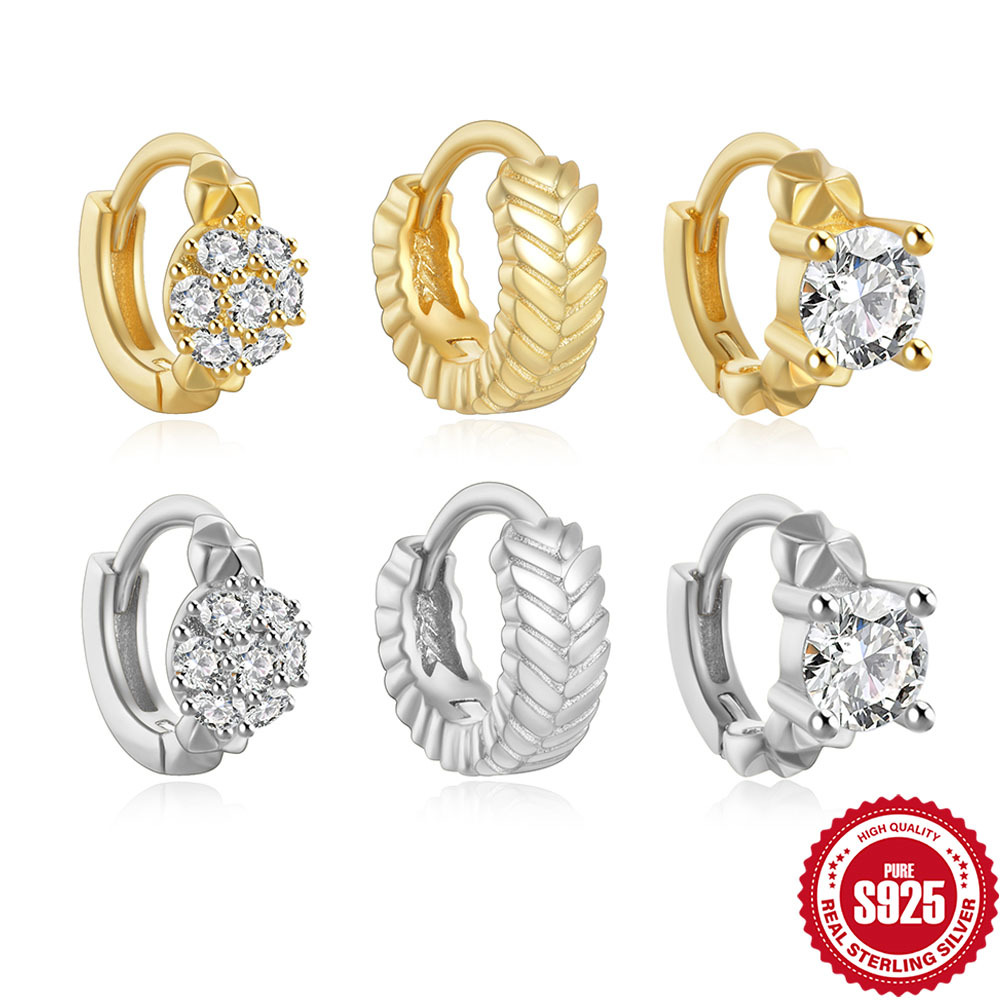 925 Sterling Silver Honeycomb Ear Studs with Diamonds, Irregular Spherical Small Hoop Earrings, Silver Jewelry Earrings, Small Hoops with Diamonds