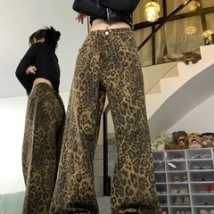 【韩牛】水洗豹纹牛仔裤女2025秋季新款高腰垂感宽松显瘦直筒长裤