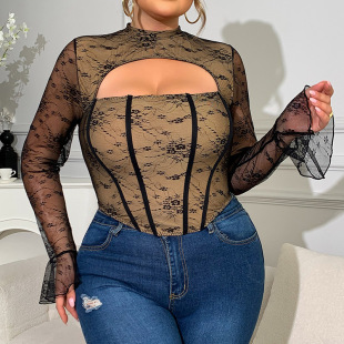 Plus Size mm Sexy Mesh Low-Cut Underwire Fishbone Long-Sleeved Tops European and American New Sexy Slim Lace Women's Clothing