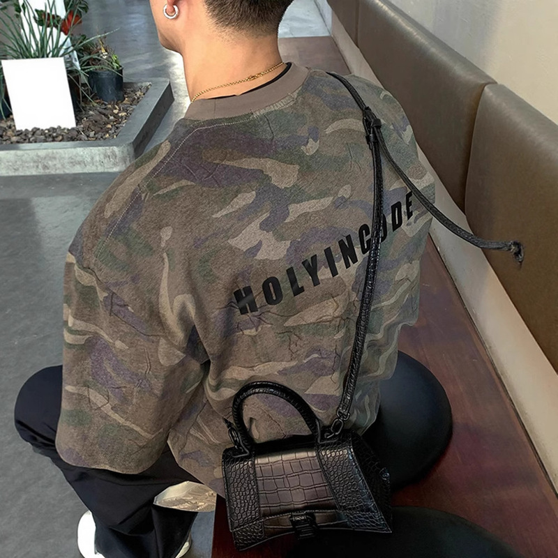 American Retro Distressed Camouflage Letter Short-Sleeved Men's 280g Heavy Small Neckline T-Shirt Round Neck Five-Point Half Sleeve