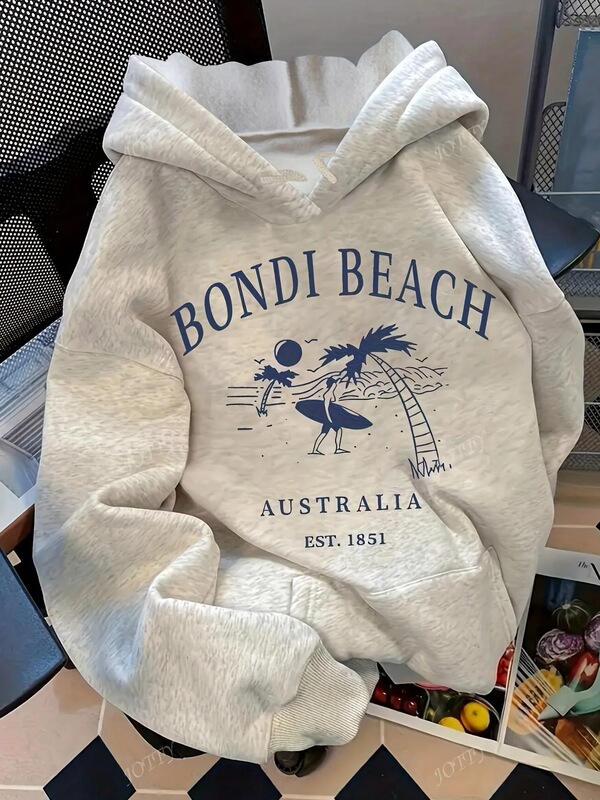 【Cross-border European size】Women's pullover hoodie with Australian surf graphic Bondi Beach ES