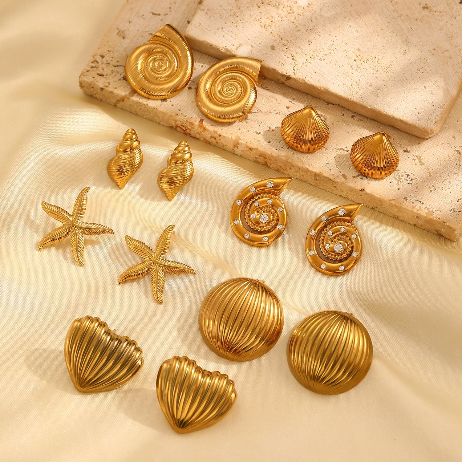304 Stainless Steel Ear Needle Material Real Gold Plated Plating Material 1 Pair Vintage Style Classic Style Starfish Conch Plating 304 Stainless Steel 18K Gold Plated Ear Studs
