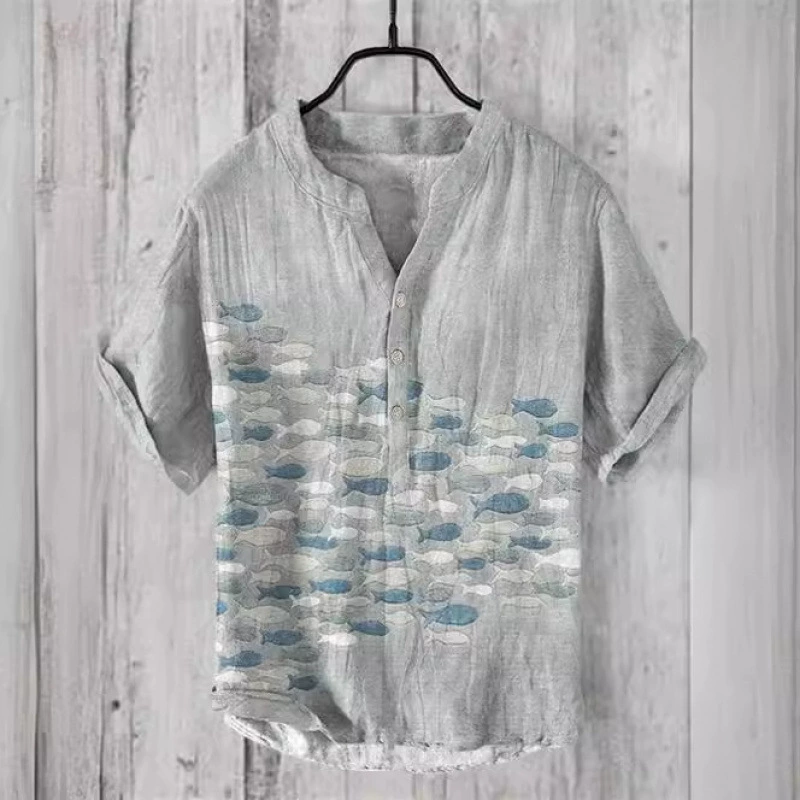 2024 трансграничная гавайская художественная печать, серия маленьких рыбок, повседневная свободная рубашка с короткими рукавами с 3D цифровой печатью