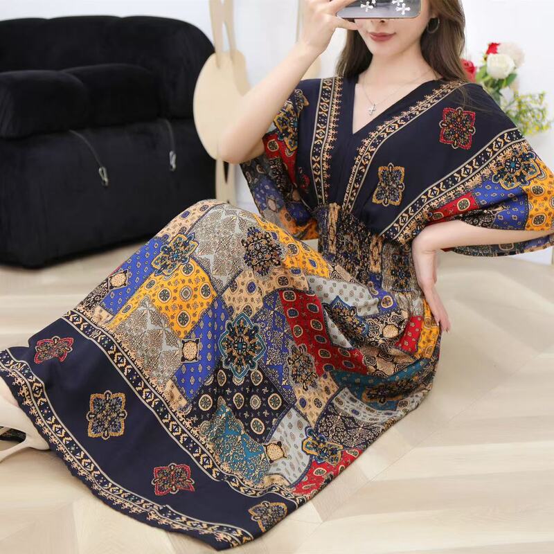 Yunnan Travel Thai Style Women's Summer Dress Cotton Silk Floral Ethnic Style Short-Sleeved Vacation Seaside Vibe Summer