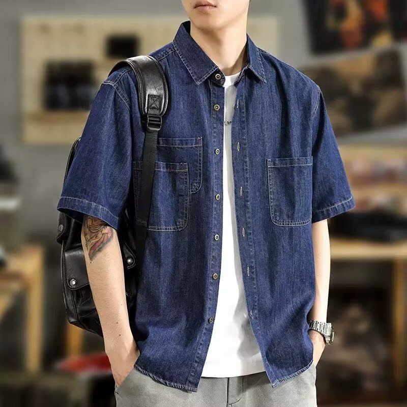 Men's Denim Short-Sleeve Shirt, Summer Thin Style, Hong Kong Style, Japanese Style, Trendy, Loose Fit, Pocket Workwear Jacket