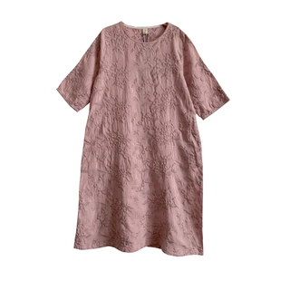 9861女式重工刺绣七分袖圆领苎麻连衣裙