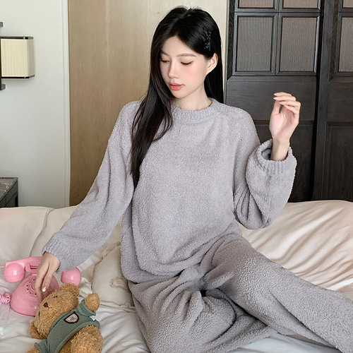 320G soft and fluffy monochromatic half-fleece women's pajama set with warm long sleeves, princess pink plush, lazy style set