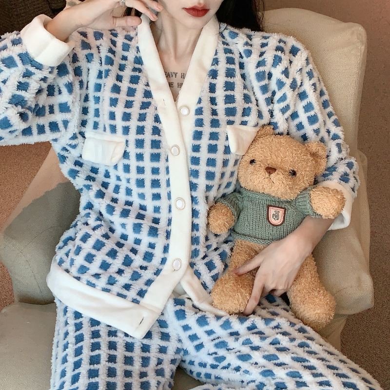 De alta calidad de tela escocesa de lana en línea popular de otoño e invierno de las mujeres de la Honda chaqueta de manga larga de tres piezas pijamas traje de desgaste para el hogar