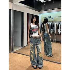 废土风涂鸦破洞牛仔裤美式高街设计感弯刀宽松长