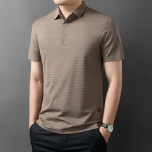 2025高品质新款夏季桑蚕丝polo衫无缝双面条纹男翻领扣子男装t恤