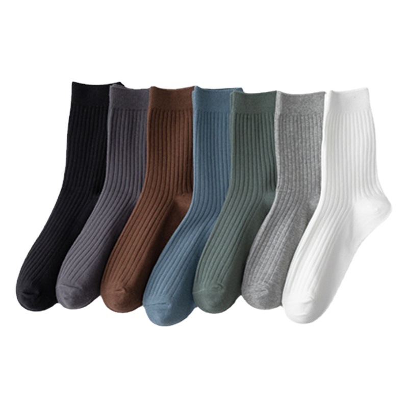 Qianyuan temporada de algodón de color puro de doble aguja calcetines de media pantorrilla de algodón peinado de los hombres de rayas calcetines de los hombres de otoño e invierno calcetines de los hombres al por mayor