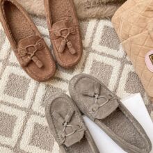 OZZGGE秋冬加绒豆豆鞋女皮毛一体保暖瓢鞋牛皮流苏羊毛毛鞋一脚蹬