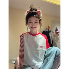 淑女气质圆领长袖t恤女2025春秋季多巴胺穿搭潮流宽松打底衫上衣