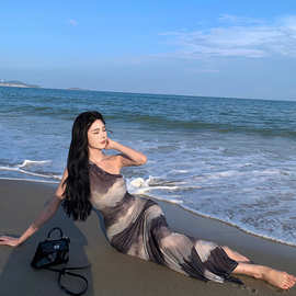 水墨画连衣裙女夏扎染网纱长裙性感气质包臀多巴胺穿搭裙子图片色