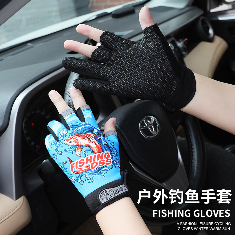 Fishing gloves for summer, thin, with three fingers exposed, for men, printed, for catching fish, anti-prick fishing gear, half-finger fishing gloves