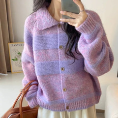 高级感紫色软糯单排扣翻领毛衣开衫外套女2025新款春季多巴胺上衣