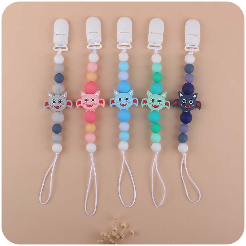 Nuevo bebé suministros de dibujos animados animal murciélago chupete cadena calmante bebé cuentas de silicona mordedura molar cadena anti-gota