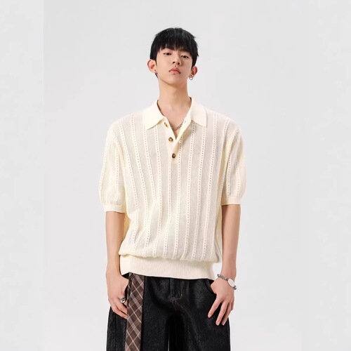 Breathable jacquard knitted short-sleeved men and women's summer thin American retro Polo shirt hollowed out design Henry neck top